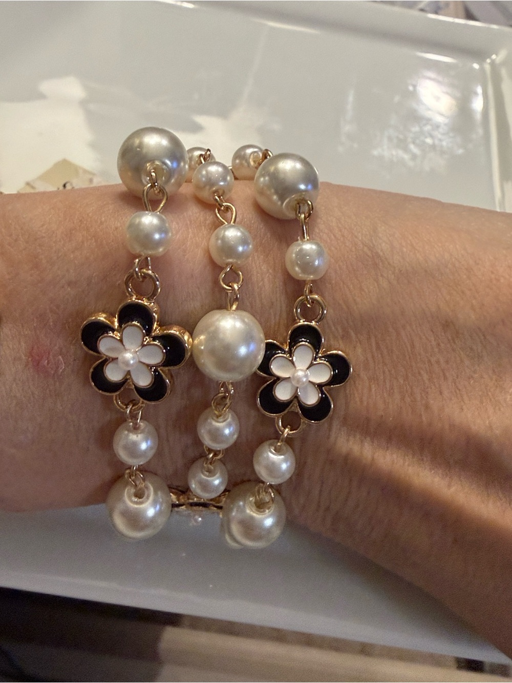 Dillards Gold-Tone Pearl Bracelet with Black and White Flower Accents